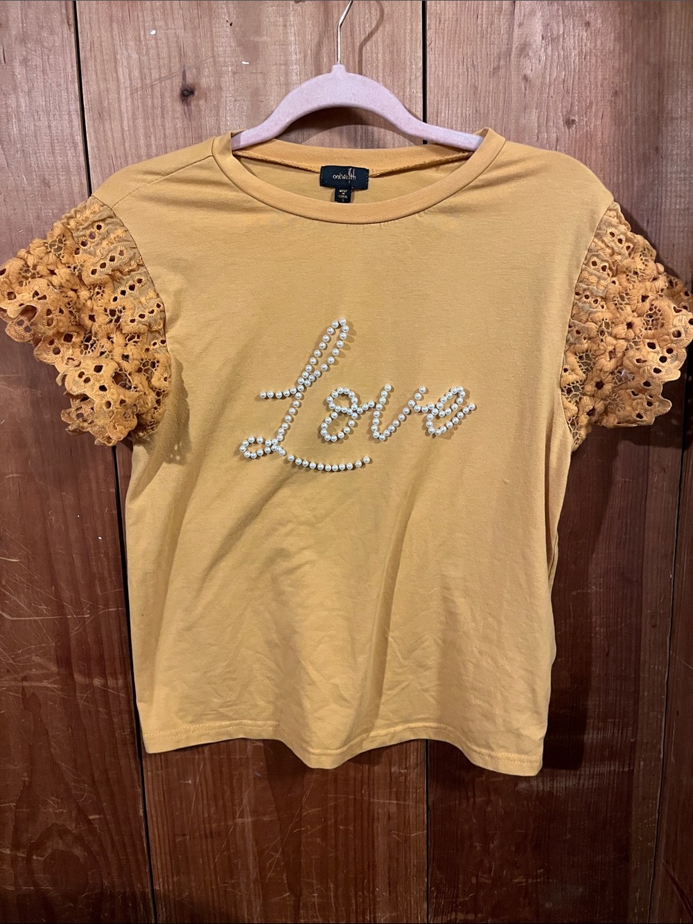 Ontwelth Mustard Yellow Pearl 'Love' Tee with Eyelet Puff Sleeves